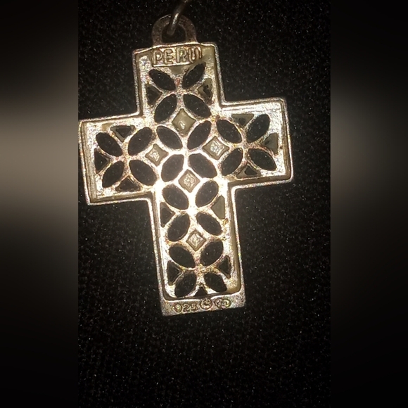Filigree Cross Pendant Double Sided Marked 925 Sterling Silver Geometric Design - Picture 2 of 3